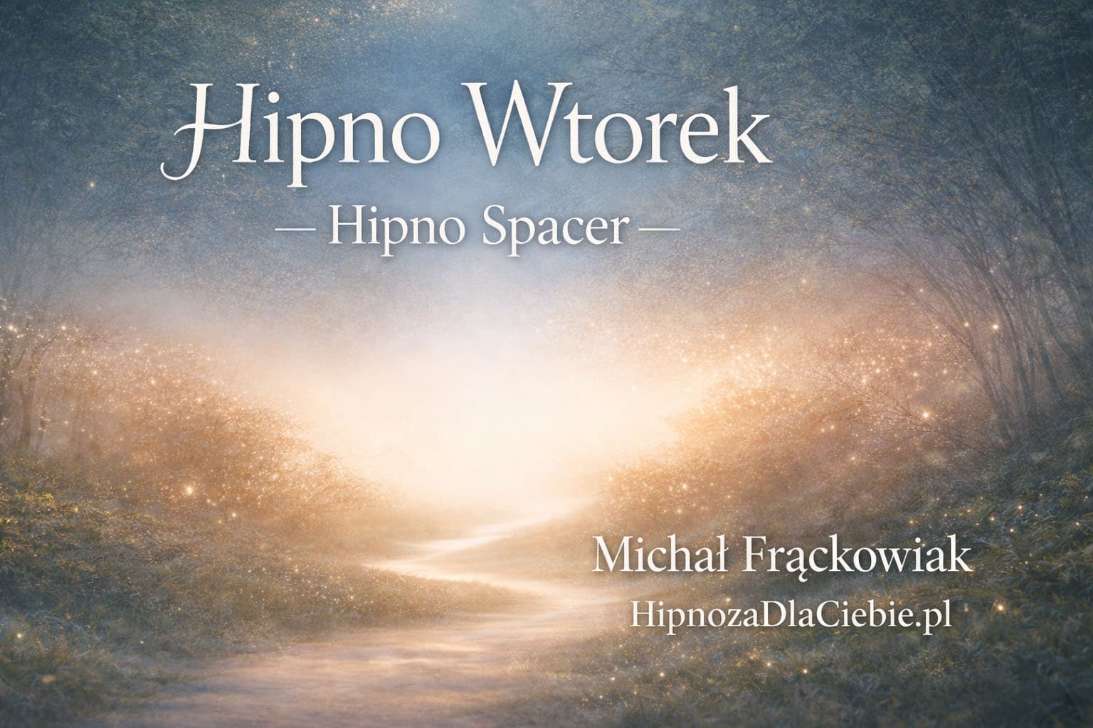 Spokojny krajobraz z napisem hipnoza